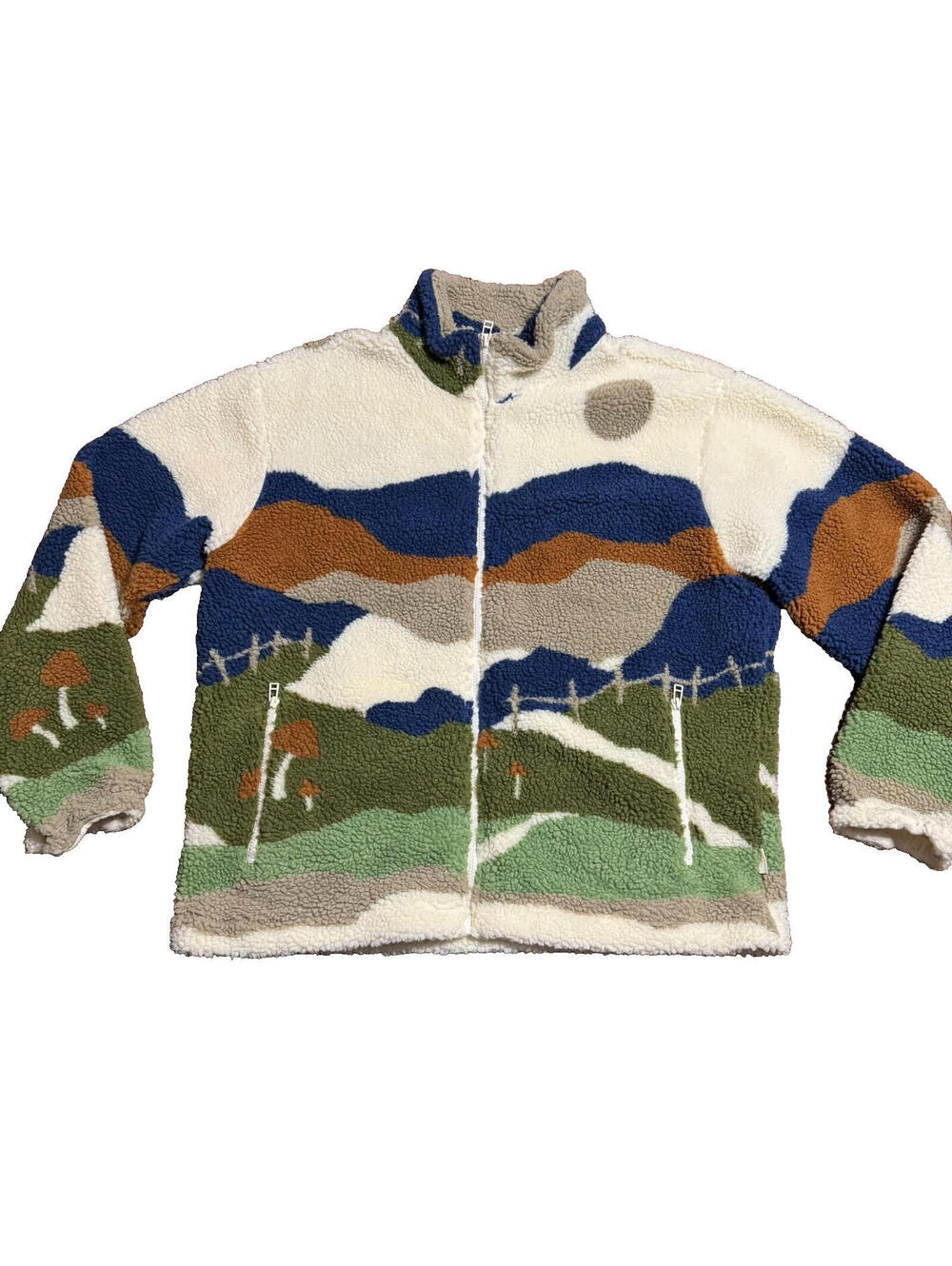 Urban Outfitters Mens Sherpa Jacket XL Multicolor Landscape Sweater Gorpcore Y2K